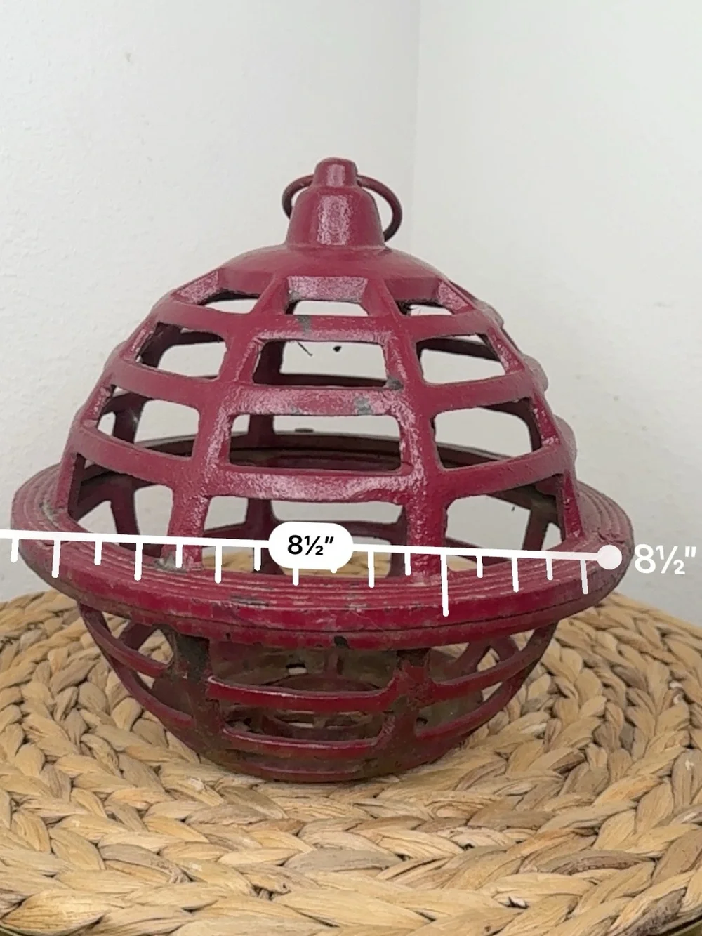 Vintage Japanese Hand-Cast Iron Orb Hanging Lantern Dark Red Maroon Garden Lamp